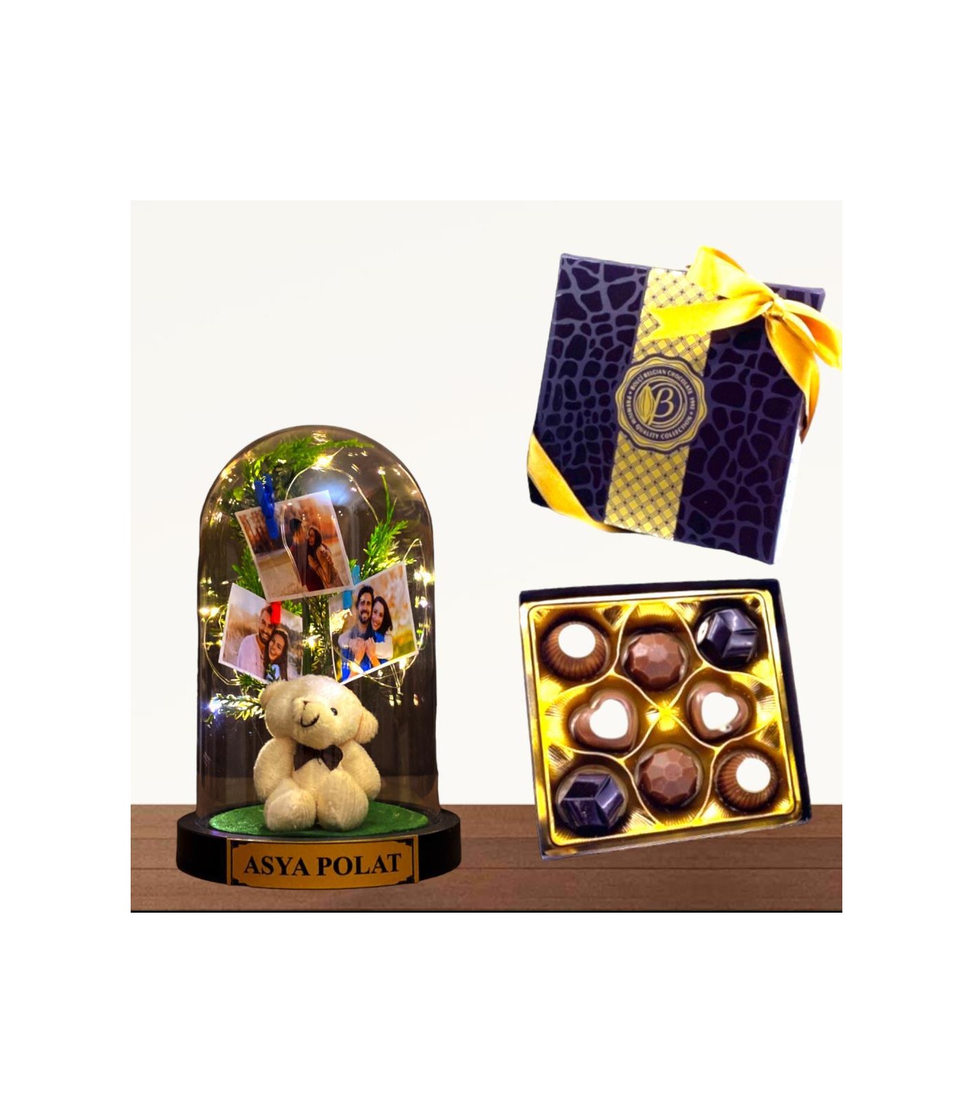 Kişiye Özel Çikolata Kutulu, Fotoğraflı ve İsimli Fanus - Peluş Ayıcıklı ve Led Işıklı