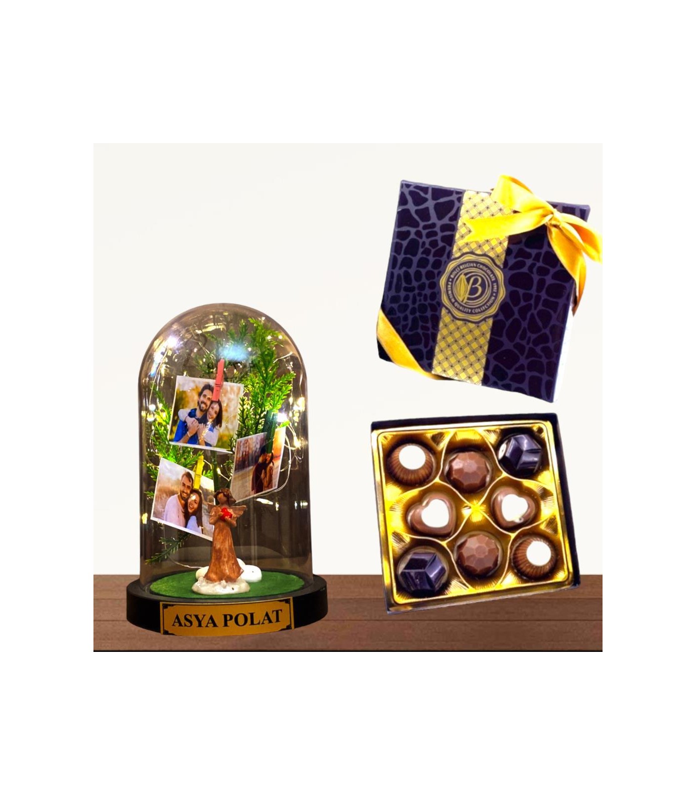 Kişiye Özel Çikolata Kutulu, Fotoğraflı ve İsimli Fanus - Şans Melekli ve Led Işıklı