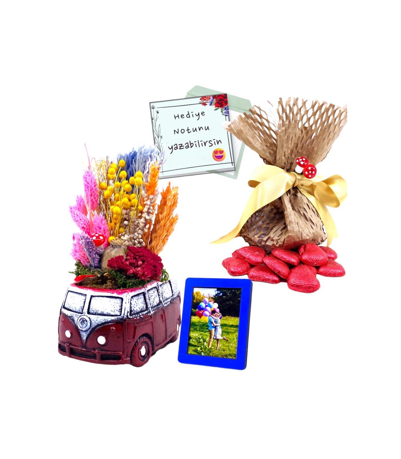 Kişiye Özel Fotoğraflı ve Kuru Çiçekli Bordo Vosvos Minibüs - Çikolata Keseli