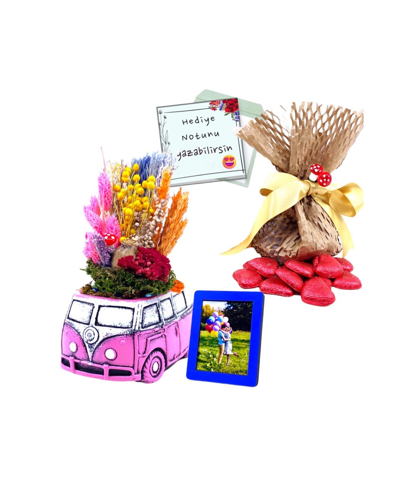 Kişiye Özel Fotoğraflı ve Kuru Çiçekli Pembe Vosvos Minibüs - Çikolata Keseli
