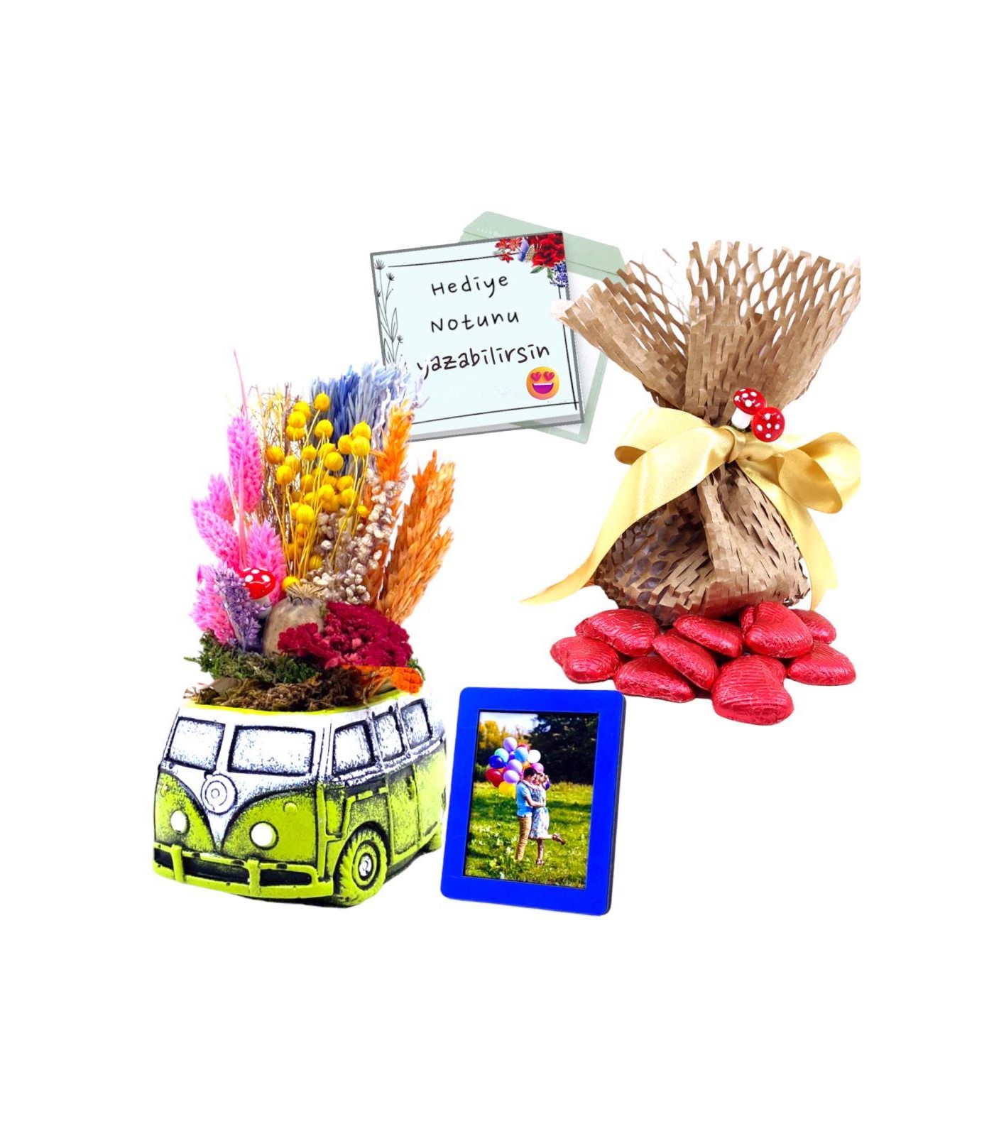 Kişiye Özel Fotoğraflı ve Kuru Çiçekli Yeşil Vosvos Minibüs - Çikolata Keseli