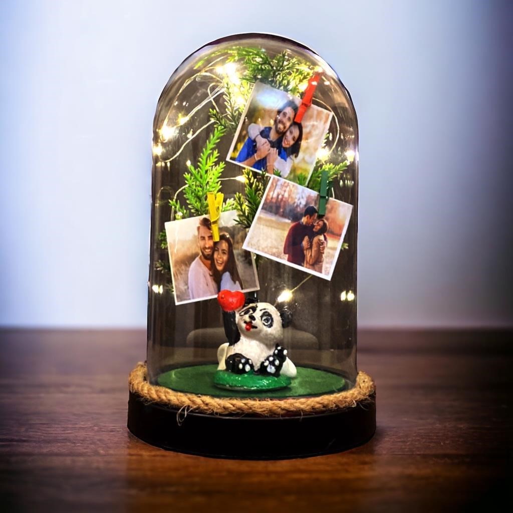Kişiye Özel Üç Fotoğraflı Panda Fanus, Işıklı ve Kalpli Çikolatalı - 3