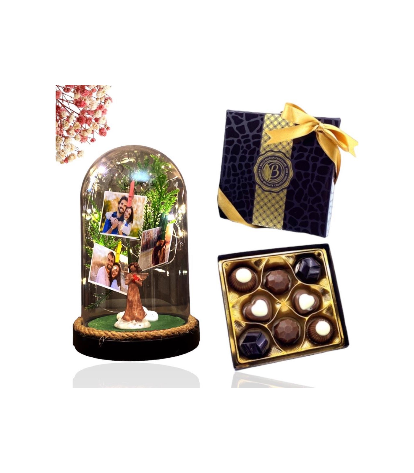 Kişiye Özel Üç Fotoğraflı Şans Melekli Fanus, Işıklı ve Kutu Çikolatalı (100 gr)
