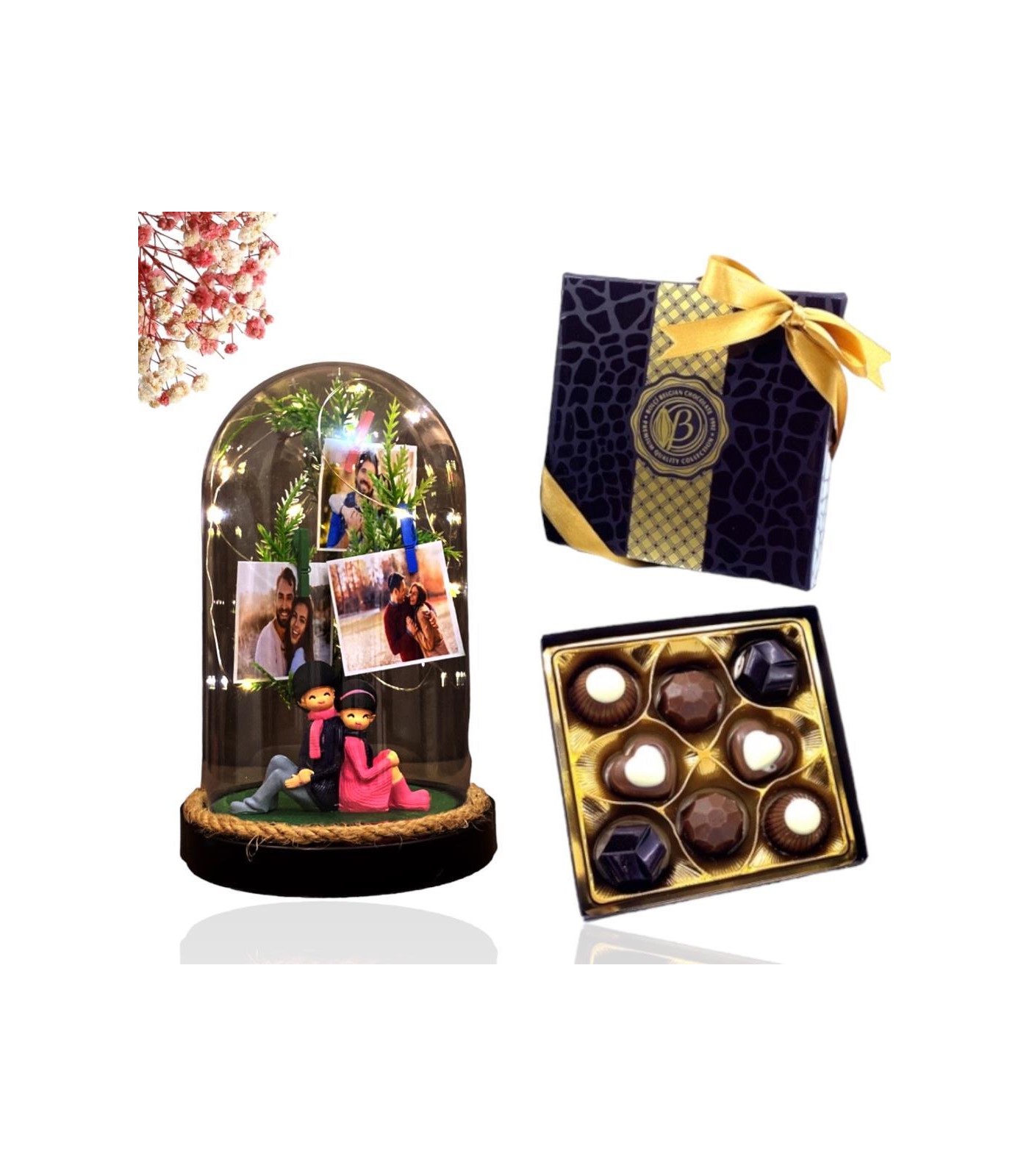 Kişiye Özel Üç Fotoğraflı Sırt Sırta Sevgilliler Fanus, Işıklı ve Kutu Çikolatalı 100 gr - 1