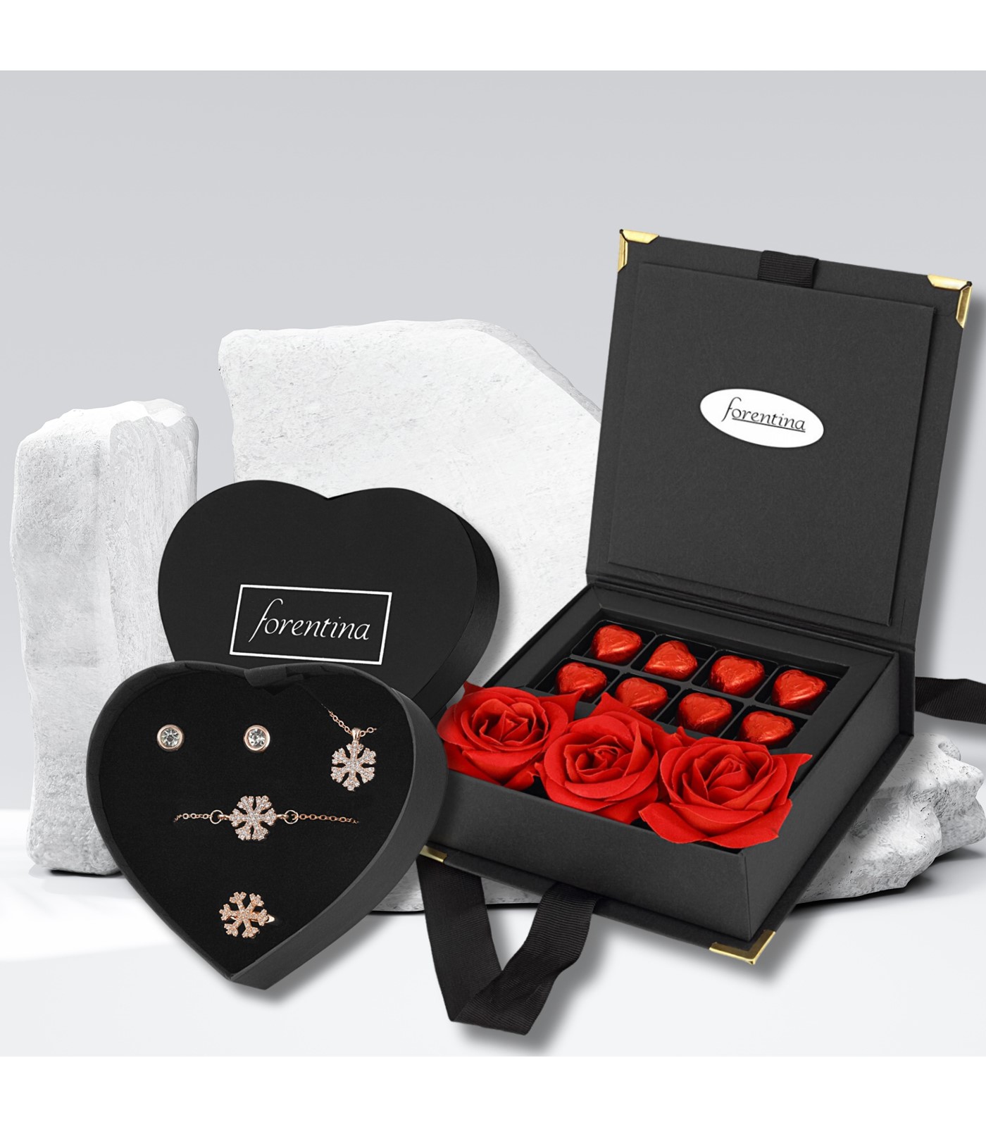 Forentina Rose Kartanesi Kolye Bileklik Küpe Yüzük - Çikolata & Kadife Kırmızı Gül Hediye Set PS3176