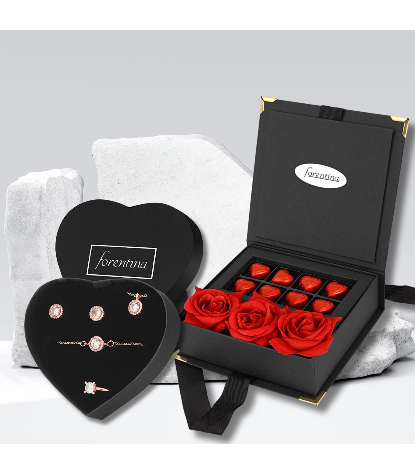 Forentina Rose Tektaş Kolye Bileklik Küpe Yüzük - Çikolata & Kadife Kırmızı Gül Hediye Set PS3177